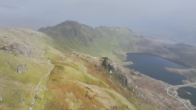 Pyg Track and Llyn Llydaw lake in clouds from a drone, Pen-y-Pass, mountain pass, Snowdonia, Gwynedd, north-west Wales, UK