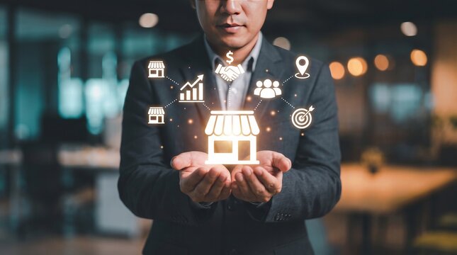 Businessman holding virtual store franchise network icons with growth strategy