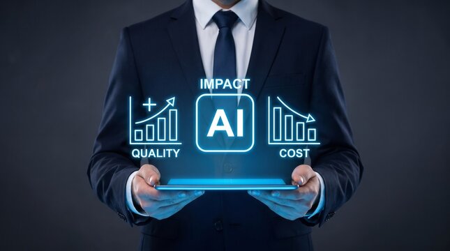 Businessman presenting artificial intelligence impact on quality and cost reduction