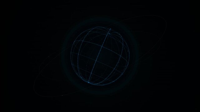 Dark looping wireframe globe animation displays faint orbit lines against solid black background