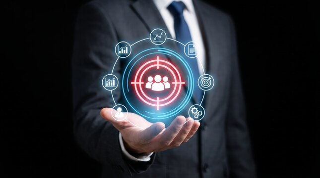 Businessman holding glowing futuristic target icon with marketing symbols