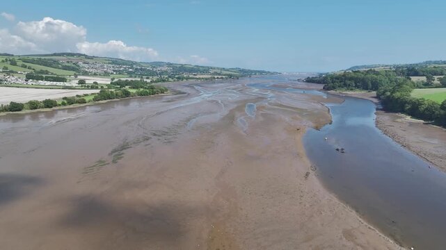 Fields and Farms over River Teign at low tide from a drone, Newton Abbot, Devon, England, United Kingdom
