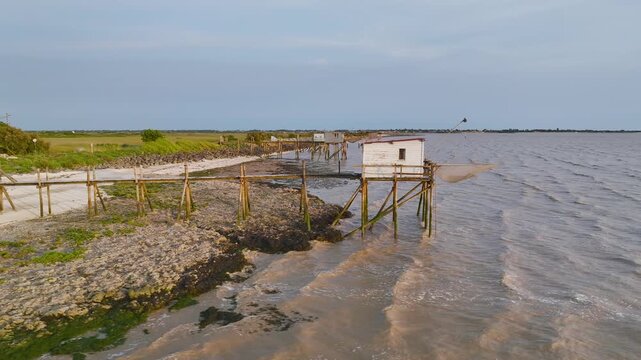 Fishing huts over Randonnee entre Histoire et Nature from a drone, Fouras, Fouras-les-Bains, Charente-Maritime, Nouvelle-Aquitaine, France