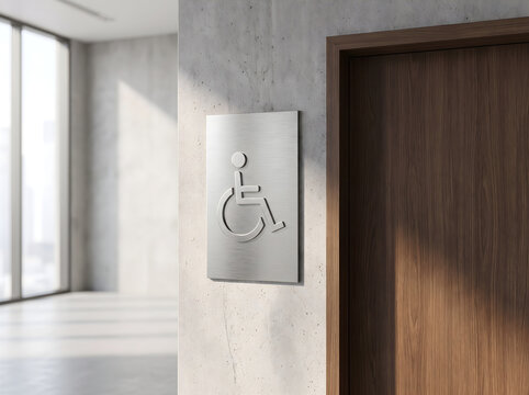 Modern office interior with anti microbial accessibility sign on concrete wall next to a wooden door mockup