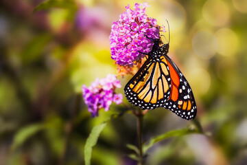 Monarch butterfly resting on a purple butterfly bush flower cluster at Urquhart Butterfly Garden, Dundas, Hamilton, Ontario, Canada © Teresa