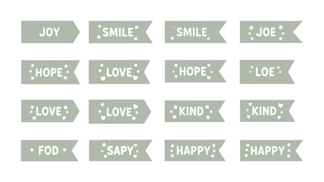 Positive Affirmations on Ribbons: A collection of decorative ribbons, each bearing a single word of positive affirmation like Joy, Hope, Love, Smile, Kind, Happy, and SAPY.
