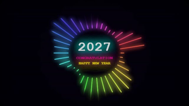 Glowing neon audio equalizer circle animation with celebration text on black