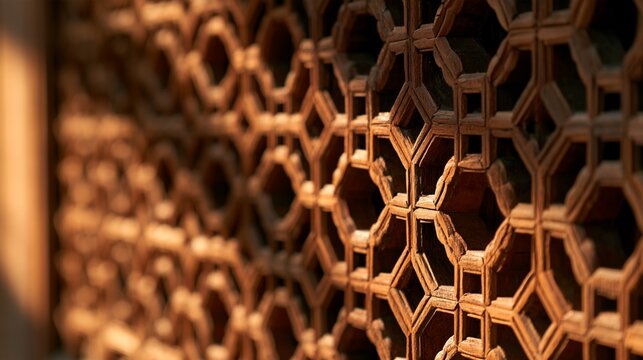 Traditional Peranakan Wooden Screen with Repeating Geometric Patterns in Warm Sunlight