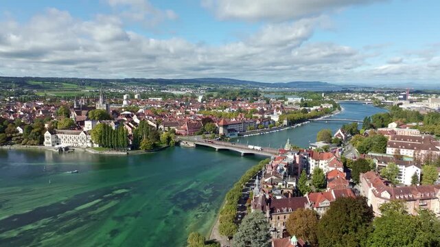 Aerial view of the Seerhein including the Rhine funnel with the old Rhine bridge, where the Rhine officially begins at kilometre zero, on the left the Steigenberger Inselhotel, former Dominican monas