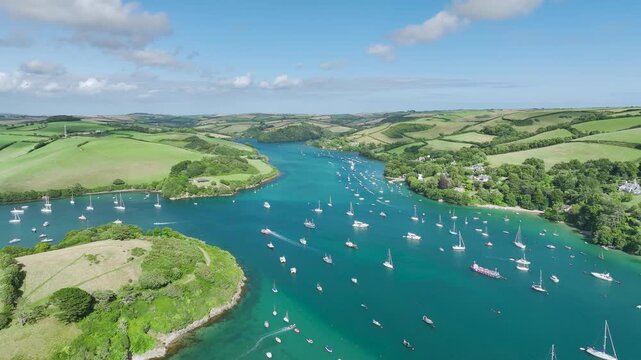 Salcombe and Mill Bay over Kingsbridge Estuary from a drone, Batson Creek, Southpool Creek, Devon, England, United Kingdom