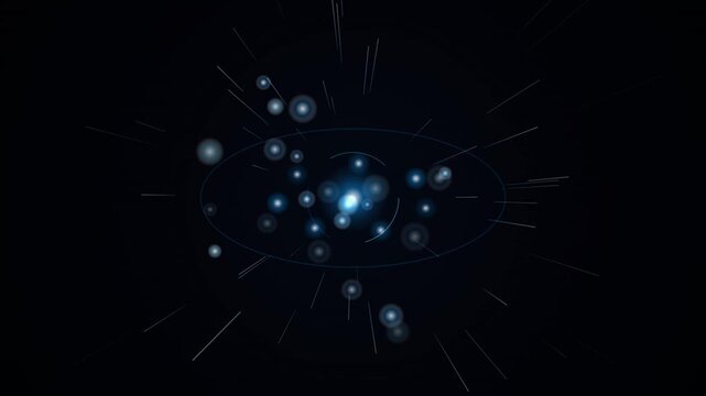 Glowing blue orbs trail across a dark cosmic void in an infinite looping motion.