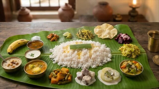 Traditional South Indian vegetarian feast served on banana leaf with rice, curries and sides. Indian cuisine. Onam festival meal. Regional food and dining tradition.