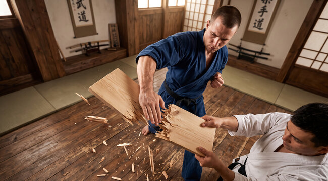 Martial artist in blue uniform breaking wooden board with hand strike, splintering wood flying in dojo. Karate training, martial arts performance, strength and power demonstration.