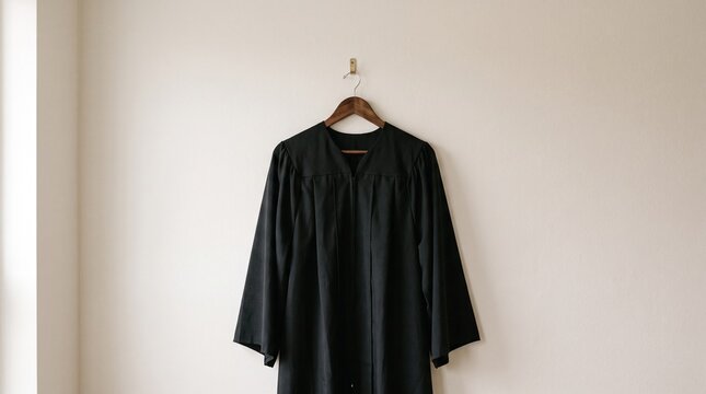 Black graduation gown hanging on a wooden hanger against a neutral white wall for academic achievement concept