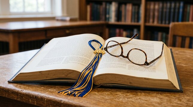 Open hardcover book with reading glasses and blue and yellow graduation tassel on a wooden table in a library study room