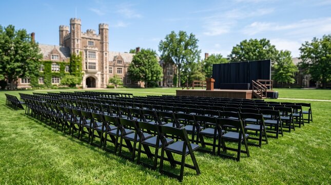 Outdoor graduation ceremony setup with rows of black folding chairs on green lawn in front of a Gothic university campus building