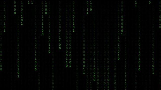 Green binary code falling down in digital data stream animation
