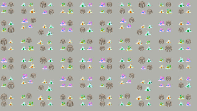 Seamless pattern of golems and colorful abstract shapes