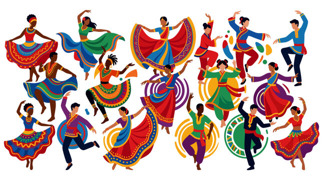 Diverse people dancing in colorful traditional folk costumes