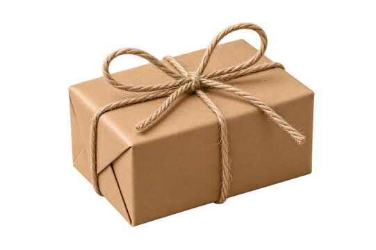 Small brown kraft paper gift box tied with jute twine bow, isolated on transparent background. Packaging, celebration, shipping, small business.