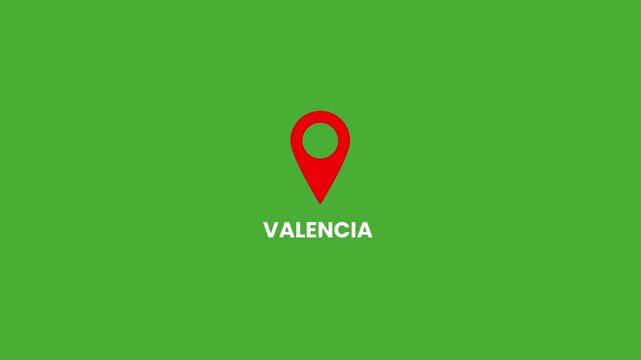 Valencia destination text appearing with red map pin motion footage