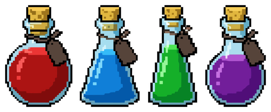 A set of four colorful pixel art fantasy potion bottles with cork stoppers.