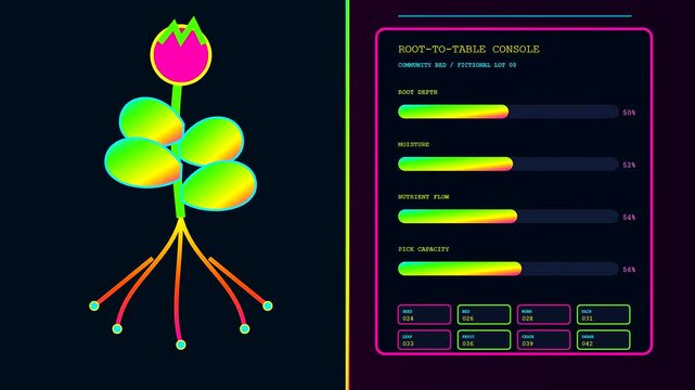A digital community garden harvest interface displaying plant root growth status and soil moisture levels in a vibrant neon aesthetic for modern scientific agricultural monitoring systems