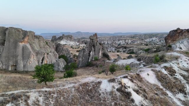 Aerial view of volcanic tuff valley near Urgup in Cappadocia, Turkey.