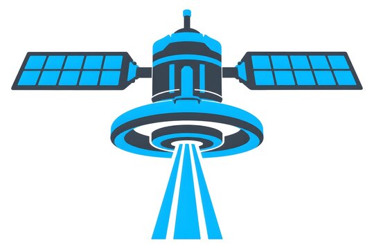 Orbital Communication Satellite Vector Illustration with Solar Panels, Circular Module, Transmitting Signal Beam, Antenna, and Blue Grey Casing for Space Technology Telecommunication Concept