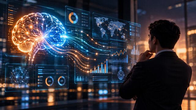 AI generated businessman studying glowing brain hologram futuristic analytics dashboards neural data streams business charts high tech office