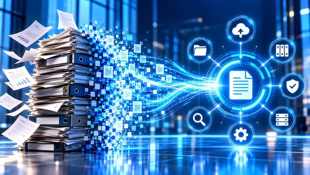 Digital document migration concept with physical folders transforming into glowing data streams and network icons