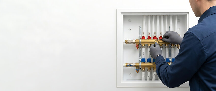 Professional Plumber Installing and Adjusting a Modern Brass Underfloor Heating Manifold System with White PEX Pipes in a Residential Interior, Home Maintenance and HVAC Service Concept