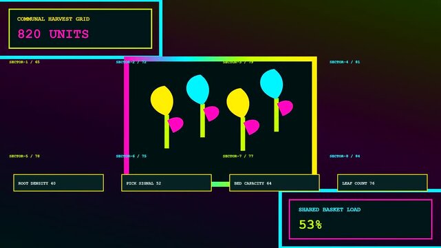 Community garden harvest tracking software interface shows plant production metrics through simple flat vector graphics displayed on a dark digital monitor screen for real time farming operations