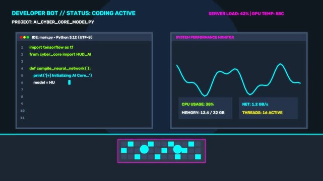 Cyber Coder Bot Programming at Dual Monitor Workstation Motion Graphic 1080p