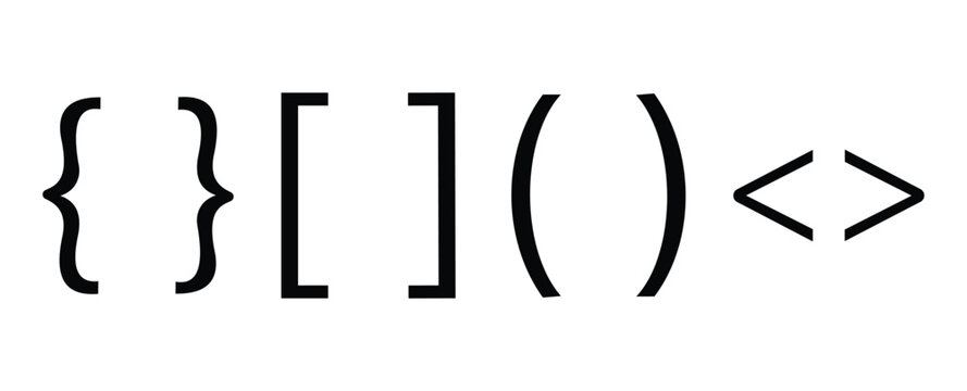 Computer programming symbol vector icons with curly braces, parentheses and semicolon for web design in solid glyph style.
