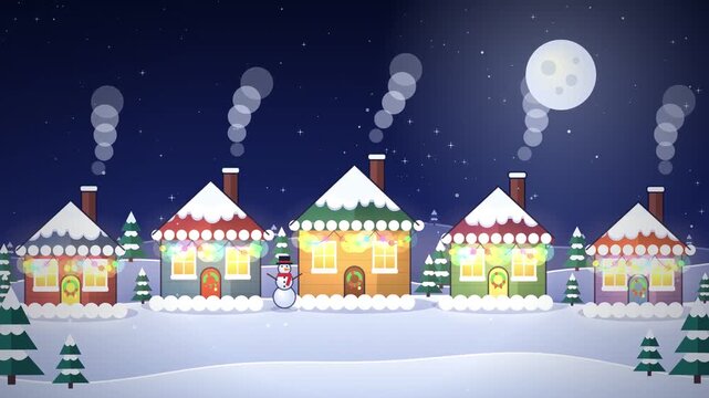 Snowy cartoon vector village at night with glowing windows, falling flakes, chimney smoke, string lights plus aurora sky for Christmas greetings and winter holiday backgrounds