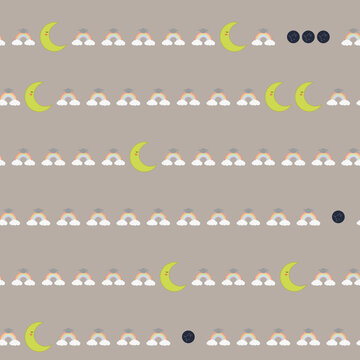 Seamless pattern with moons, rainbows, and graduation caps