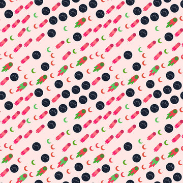 Space pattern with rockets, moons, and constellations