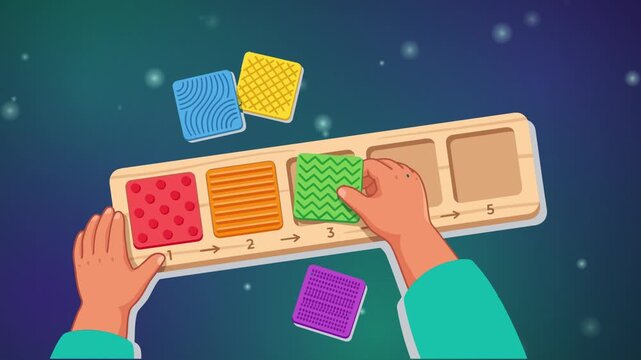 Child Placing Textured Tactile Squares into a Wooden Sorting Board