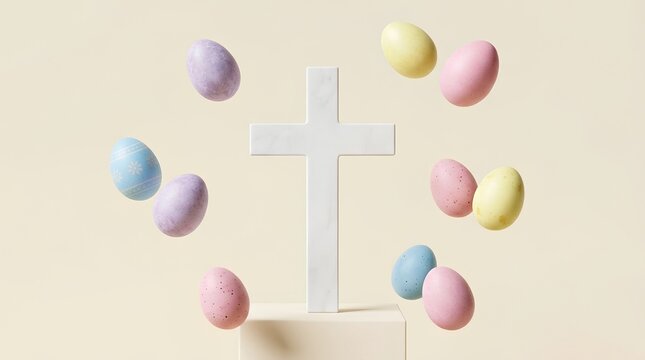White Christian Cross Surrounded by Floating Pastel Easter Eggs