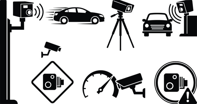 Speed camera traffic law enforcement vector icons set featuring speeding car silhouettes radar tripod and road warning signs