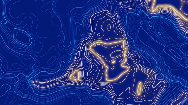 Glowing yellow and blue topographic contour lines flowing seamlessly, abstract navy map background loop