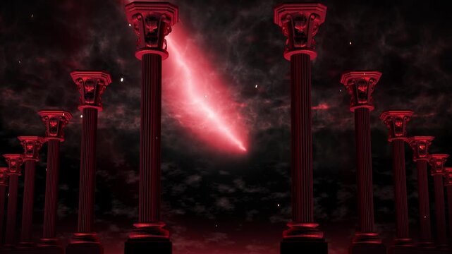 Mirrored Red Corinthian Columns with Red Lightning Storm Loop