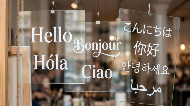 Glass Panels Displaying Hello Greetings in Different Languages with a Blurred Cafe Background