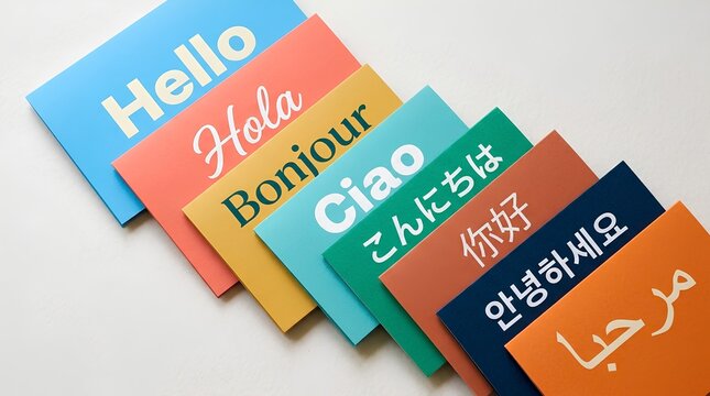Colorful Greeting Cards with Hello in Different Languages on a Minimalist White Background