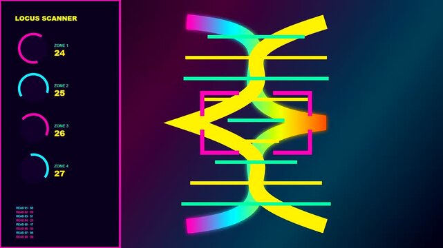 A vibrant crispr genome editing interface displays fluctuating data metrics on a dark digital monitor screen showing shifting biological patterns in an animated scientific sequence