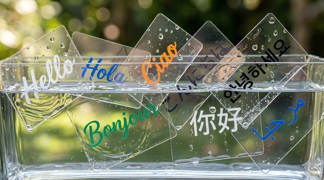 Transparent Glass Cards Featuring Hello Greetings in Different Languages with Water Droplets and Green Bokeh Background