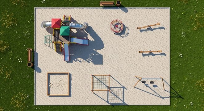 Top view of children playground with sand and play equipment on grass