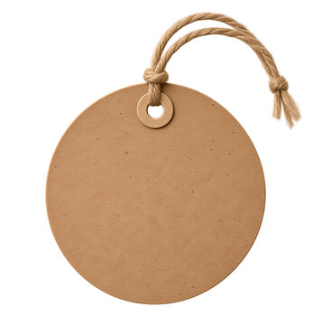 Round kraft paper tag with jute rope string, isolated on transparent background. Product labeling, gift packaging, retail branding, handmade crafts.