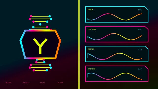 The crispr genome editing process displays glowing data bars and digital dna structures pulsing with colorful neon light patterns across three distinct simulated analysis frames